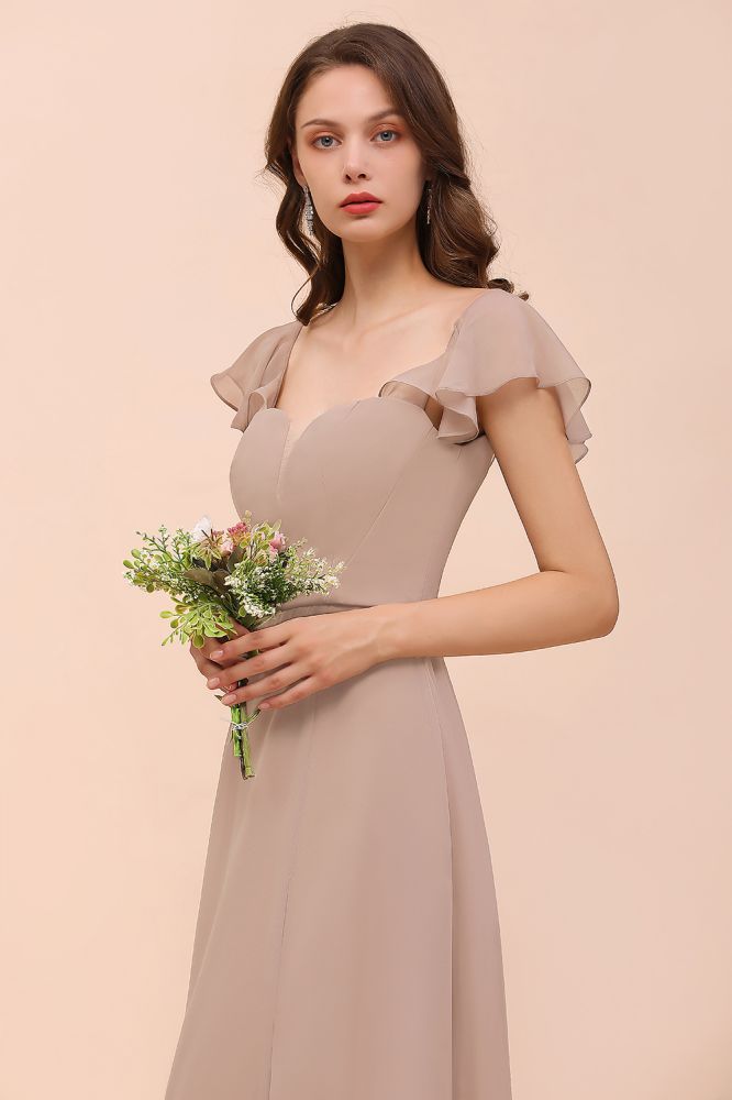 Cap Ruffle Sleeves Bridesmaid Dress with Side Slit