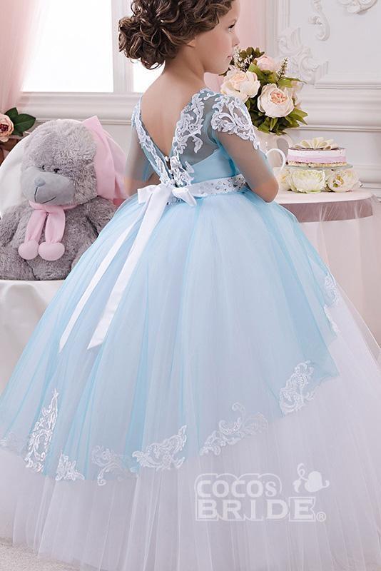 Half Sleeves Princess Tulle Pegant Dress for Kids with White Lace Appliques