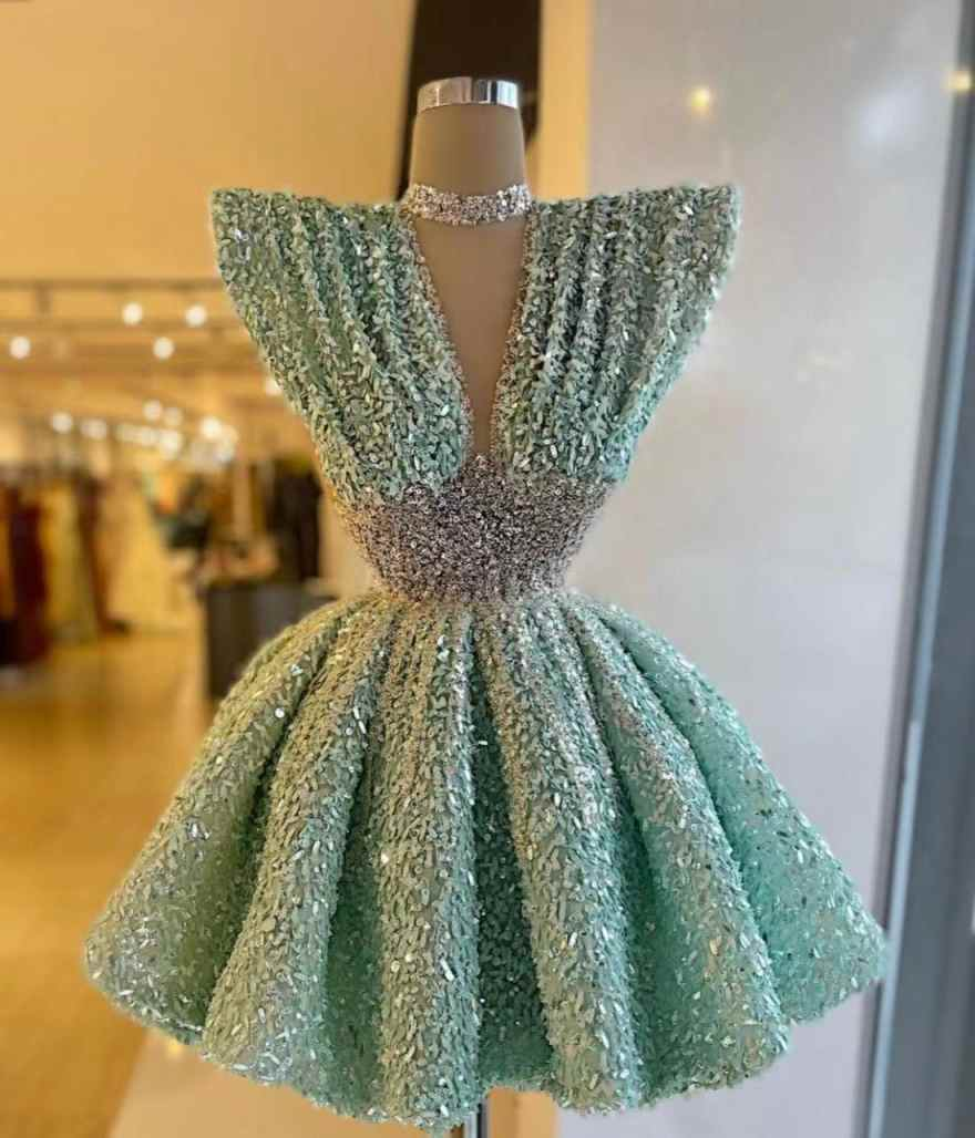 V Neck Sleeveless A Line Short Prom Dress With Pleated Sequins