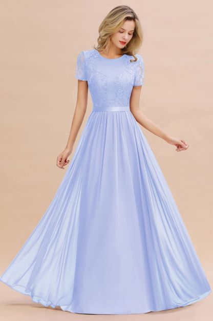 Retro Chiffon Lace Scoop Short-Sleeves Online Bridesmaid Dress