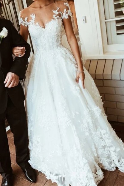 Cap sleeves Lace A-line White Wedding Dresses