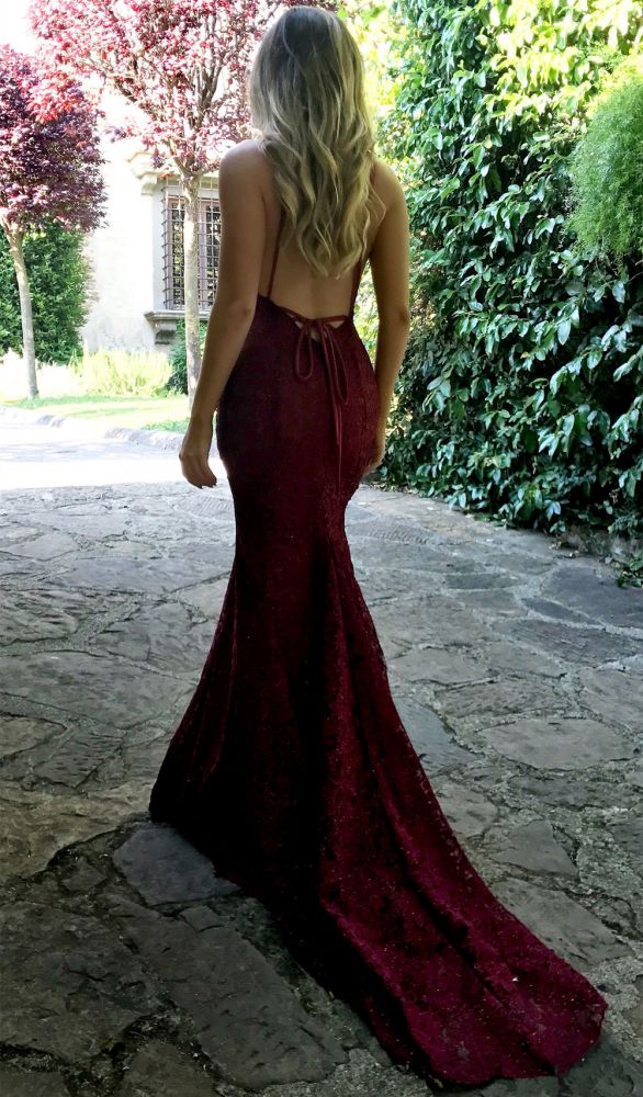 Sexy Open Back Burgundy Lace Formal Evening Dresses V-neck Backless Mermaid Prom Dress