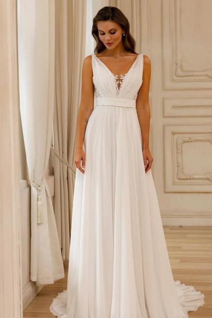 Fabulous V-Neck Sleeveless A-Line Chiffon Wedding Dresses with Open Back