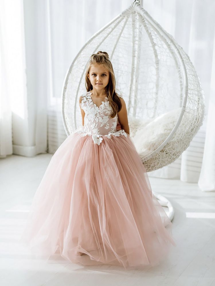 Dusty Pink Flower Girl Dress Tulle Sleeveless Lace First communion dress for girl Birthday Party Dress Bowtie with Train-Babyonlinewholesale