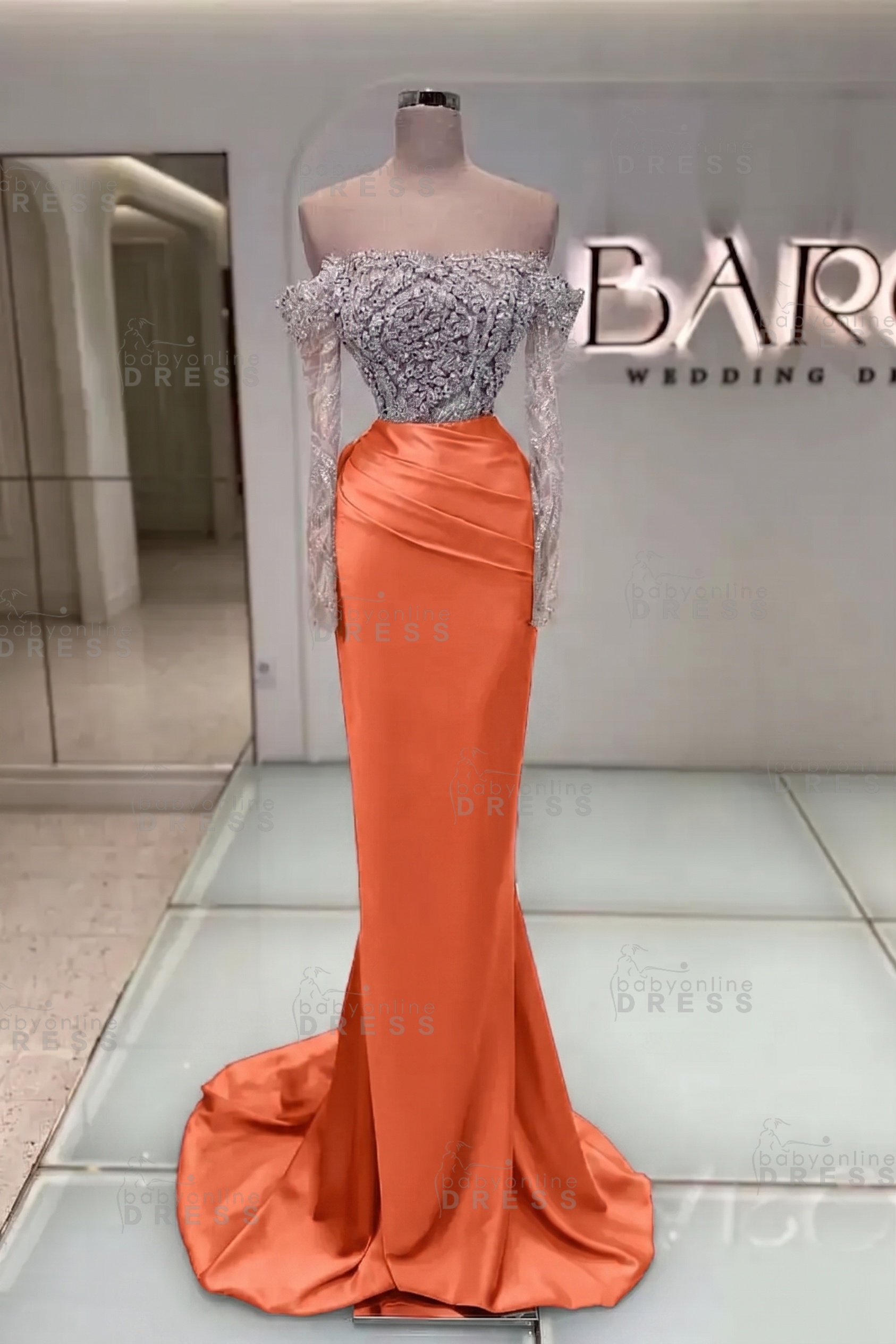 Off-the-Shoulder Ruffles Satin Mermaid Prom Dress Beadings with Sleeves