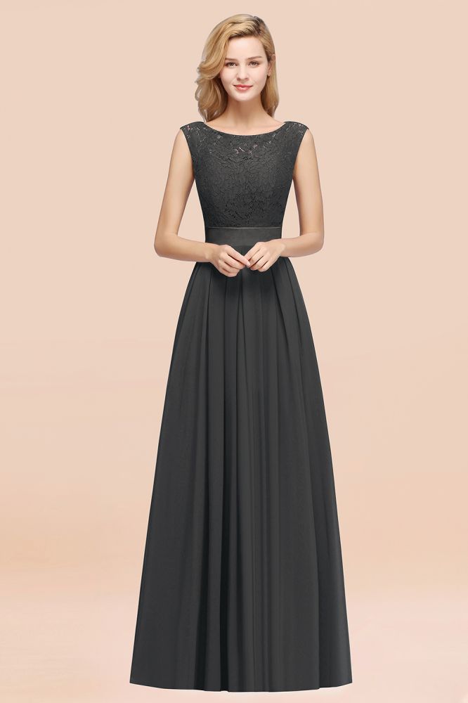 A-line Chiffon Lace Jewel Sleeveless Ruffles Floor-length Bridesmaid Dress