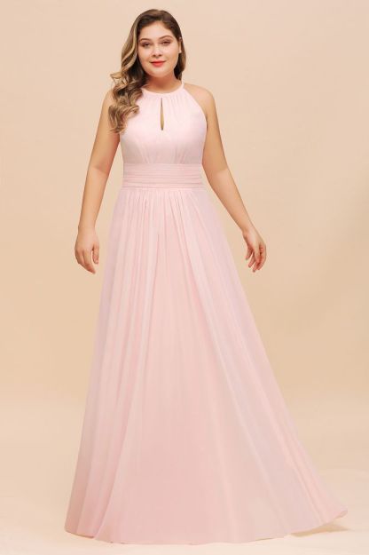 Plus Size Pink Halter Wedding guest Dress Sleeveless Chiffon Aline Bridesmaid Dress