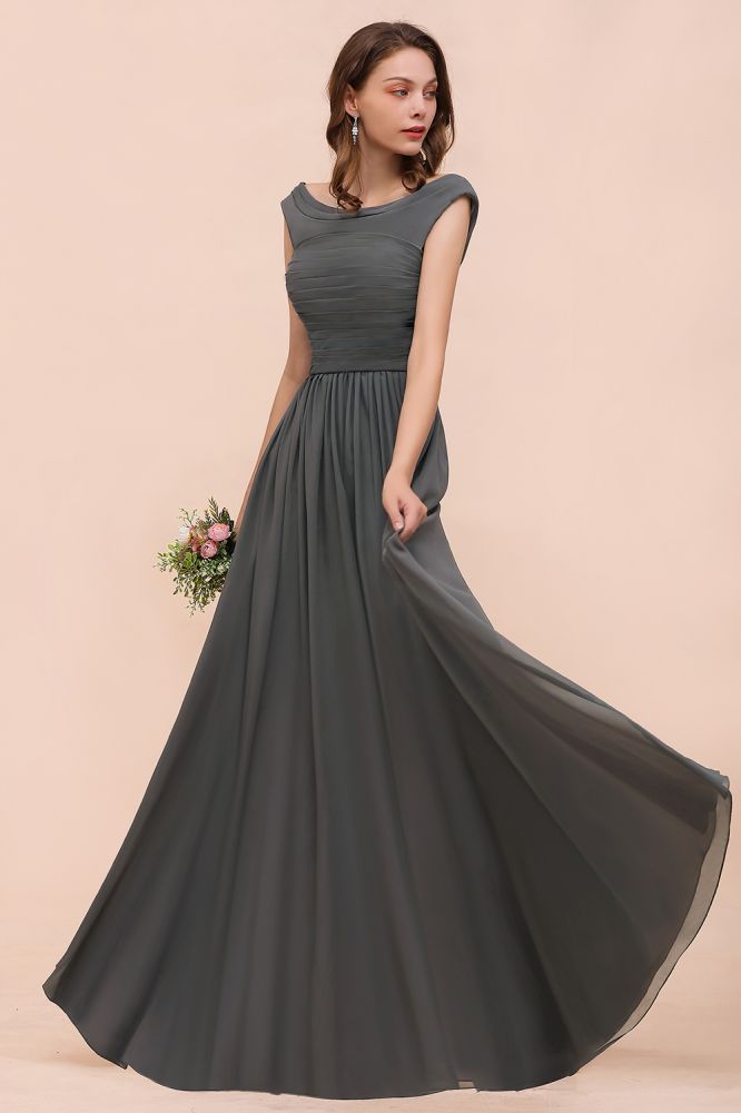 Grey Cap Sleeves 100D Chiffon Long Evening Dress with Side Slit