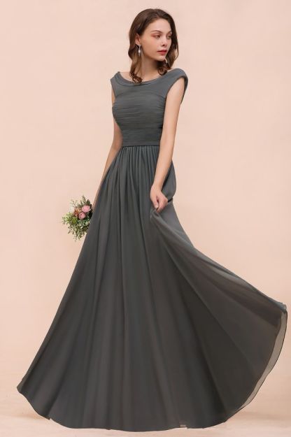Grey Cap Sleeves 100D Chiffon Long Evening Dress with Side Slit