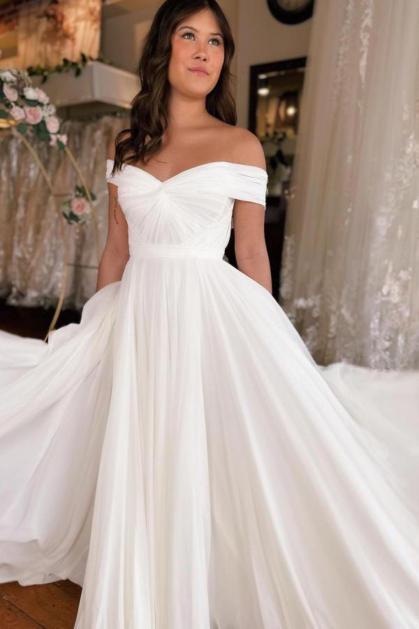 Off the shoulder sweetheart a-line satin wedding dress
