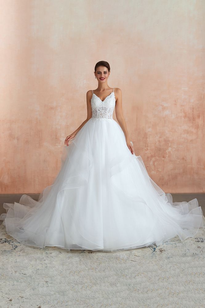 Camille | White Ball Gown Wedding Dress with Chapel Train, Spaghetti Strap See-through Lace up Bridal Gowns for Sale-Babyonlinewholesale
