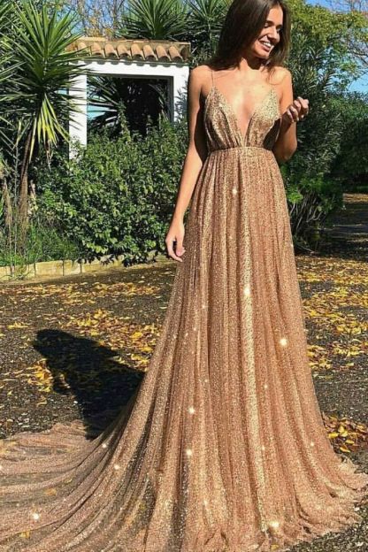 Glamorous Sequins A-Line Long Prom Gowns | 2021 Spaghetti Straps V-Neck Evening Dress
