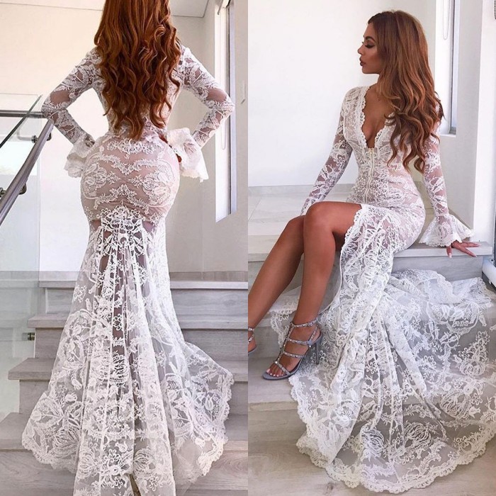 Sexy Long Sleeve V-Neck Prom Dress | Lace Evening Party Dress With Slit