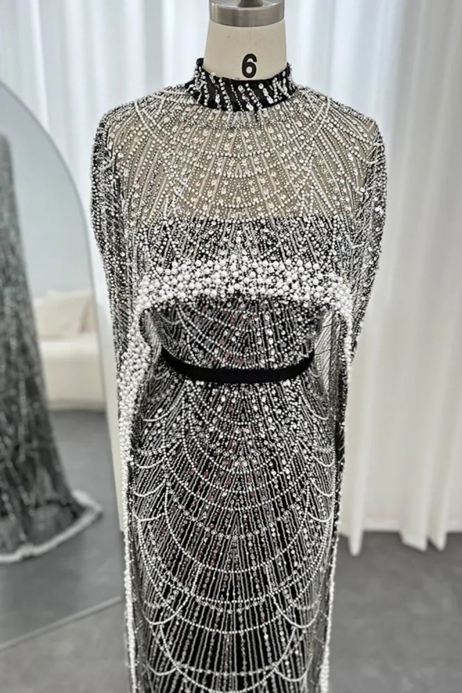 Luxury Pearls Dubai Mermaid Evening Dress with Cape Sleeves Seequined Floor Length Party Dress