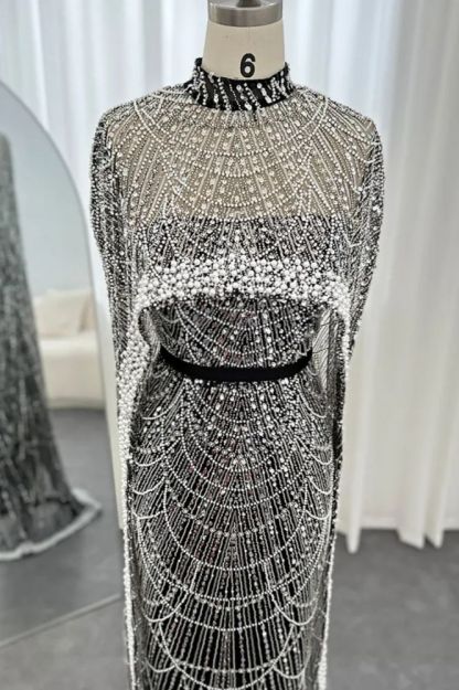 Luxury Pearls Dubai Mermaid Evening Dress with Cape Sleeves Seequined Floor Length Party Dress