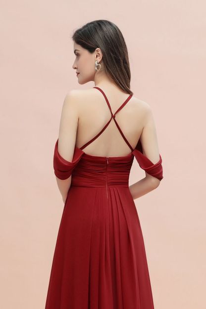 Elegant V-Neck Pleated Chiffon Bridesmaid Dress with Straps Cross Back Wedding Guest Dress