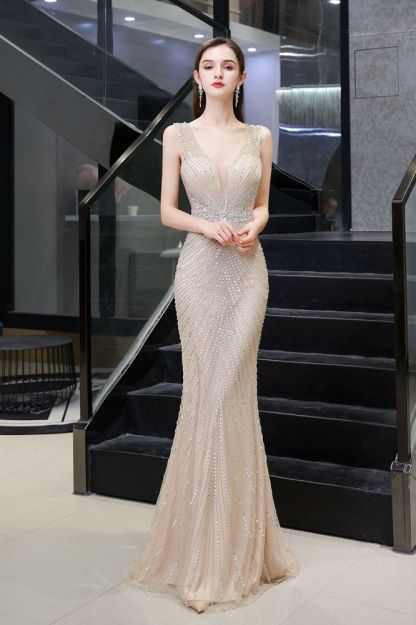 Sexy Mermaid V-neck Silver Mermaid Prom Dress
