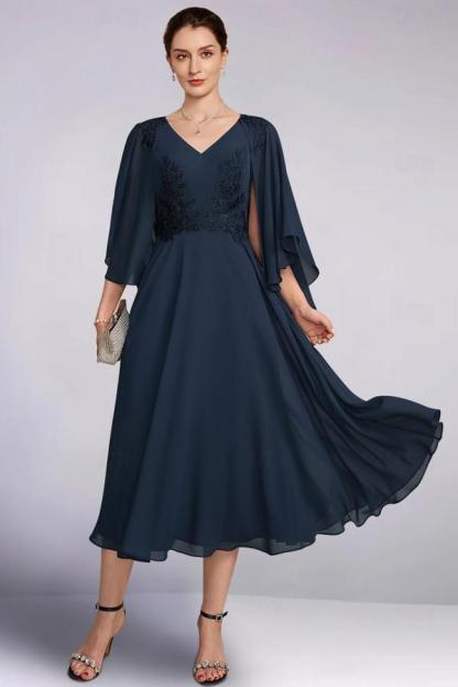 Elegant Tea-Length V-Neck Chiffon Mother Of The Bride Dresses