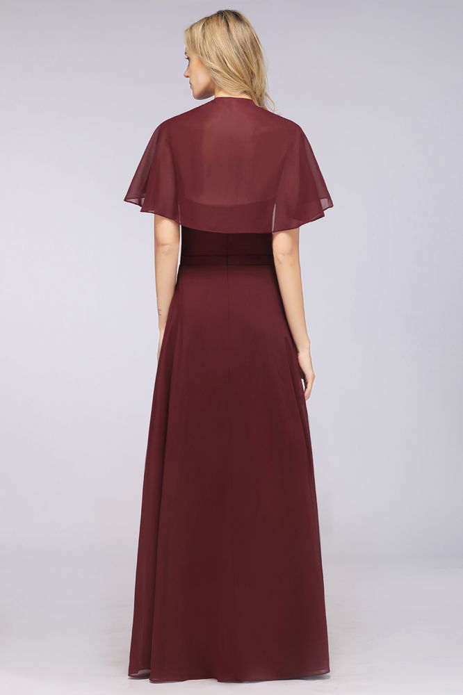 Chiffon Satin A-Line V-Neck short-sleeves Long Bridesmaid Dress