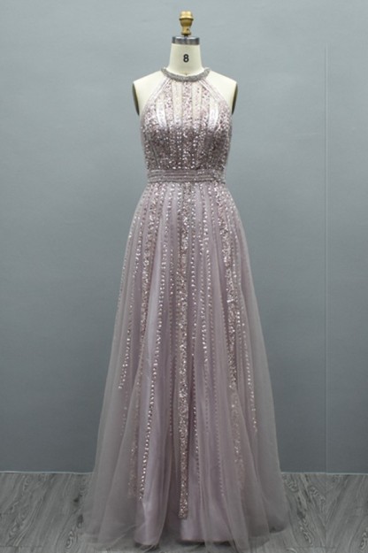 Gold beaded sleeveless Tulle Evening Dresses