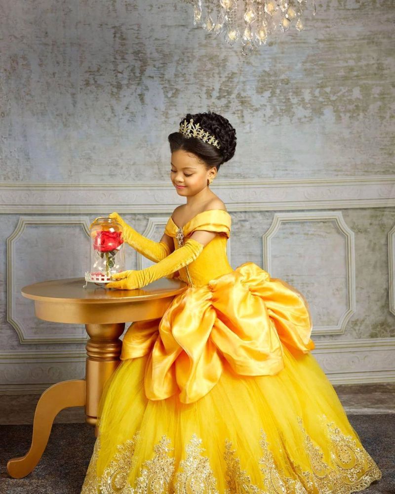 yellow Princess Girl Dress for Birthday Party Off-the-Shoulder Velvet Tulle Pageant Dress for Kids