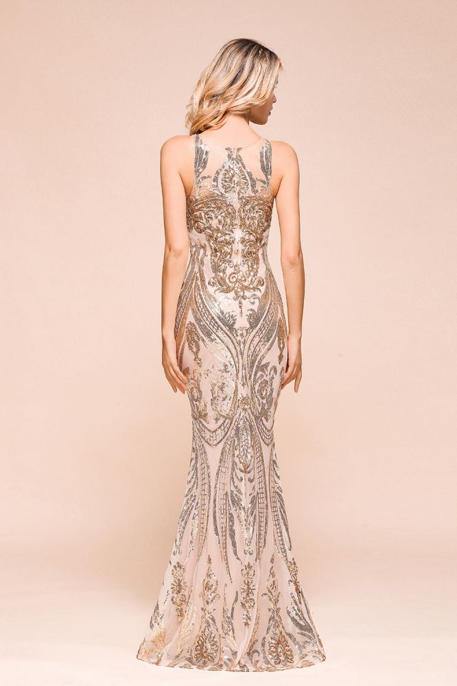 Sparkle Sequined High neck Sleevelss Rose Gold Mermaid Long Evening Dresses