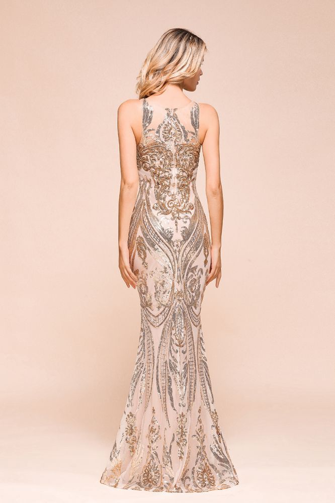 Sparkle Sequined High neck Sleevelss Rose Gold Mermaid Long Evening Dresses