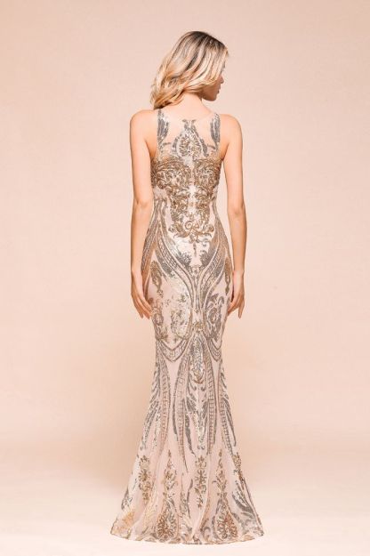 Sparkle Sequined High neck Sleevelss Rose Gold Mermaid Long Evening Dresses