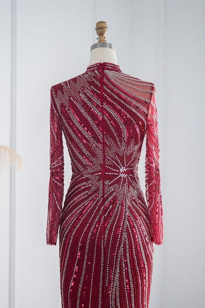 Elegant High Neck Long Sleeves Beading Mermaid Evening Gowns with Crystals Sash