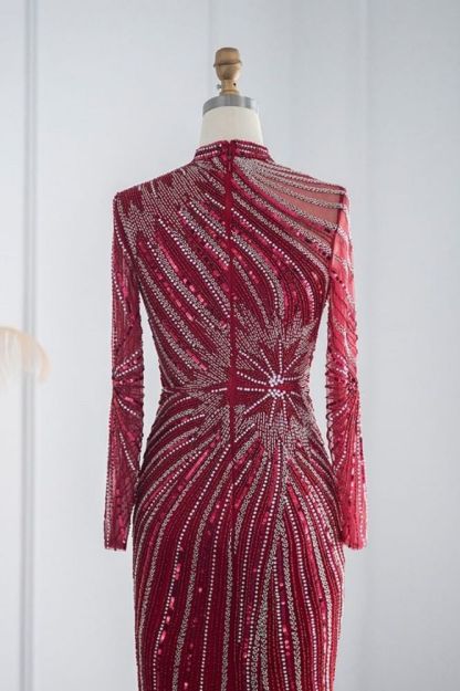 Elegant High Neck Long Sleeves Beading Mermaid Evening Gowns with Crystals Sash