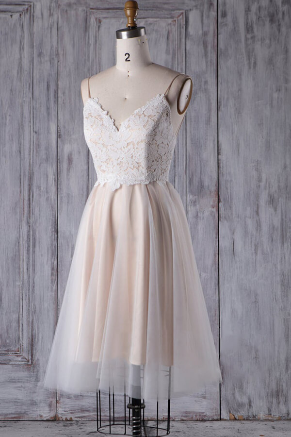 Short Sweetheart Lace Champange Wedding Dresses