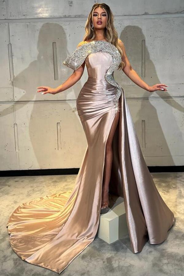 Deluxe Off-The-Shoulder Mermaid Satin Sequined Prom Dresses with Slit
