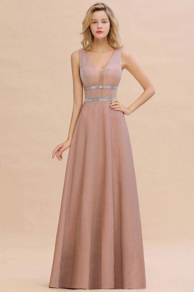 Sparkly Deep V-neck Long Evening Dresses with Shining Belt | Elegant Sleeveless V-back Pink Formal Dress-Babyonlinewholesale