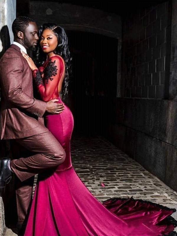 Glamorous Scoop Long Sleeves Appliques Tulle Mermaid Floor-Length Prom Dresses