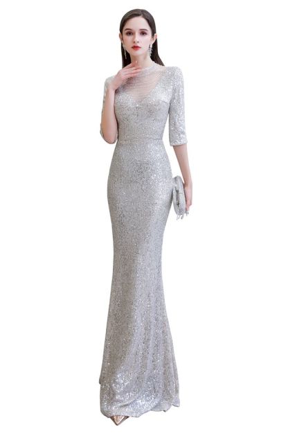 Gorgeous Silver Long sleeves Long Prom Dress
