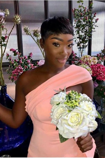 One shoulder pink spandex column bridesmaid dress