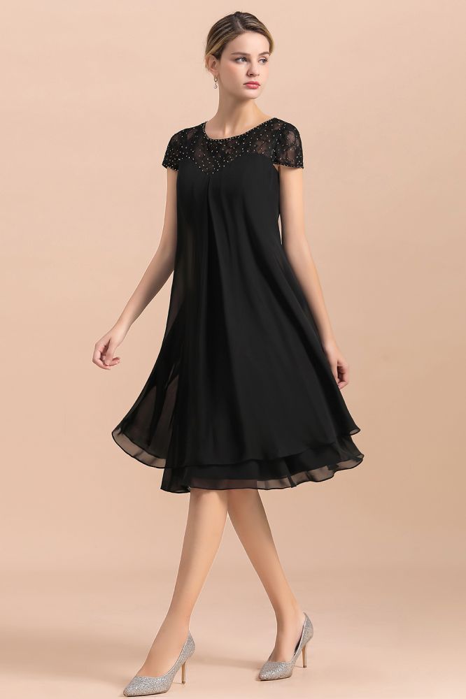 Black Short Sleeves Lace Wedding Party Dress Chiffon Knee Length Dress