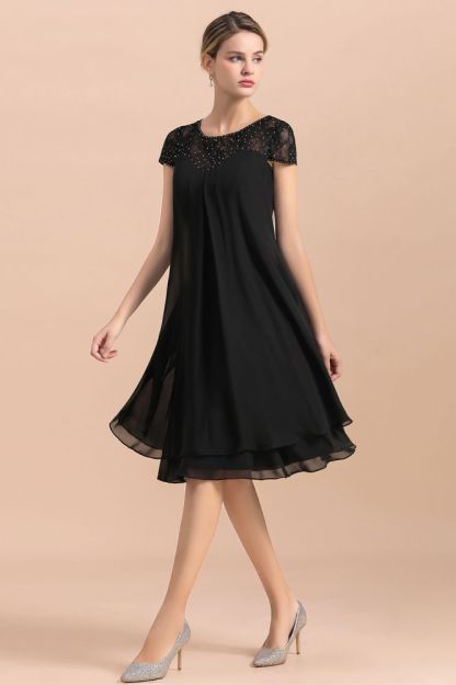 Black Short Sleeves Lace Wedding Party Dress Chiffon Knee Length Dress