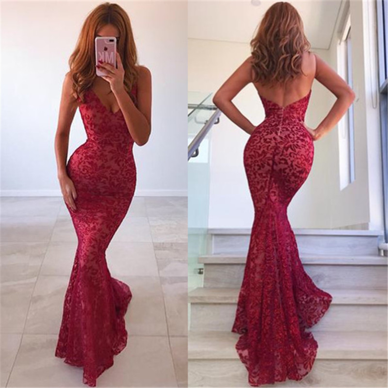 Sexy Backless Mermaid Prom Dresses Long | Red V-Neck Sleeveless Evening Dress