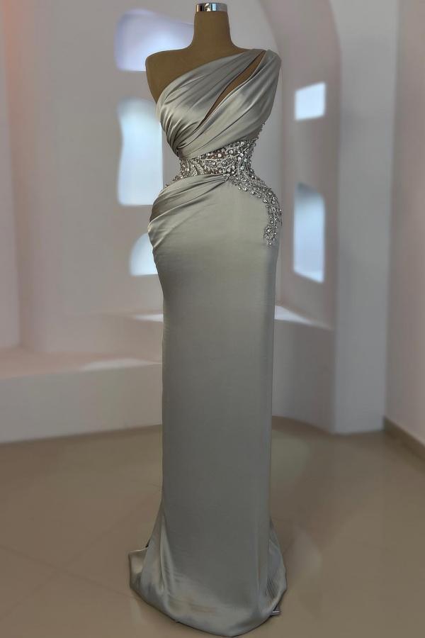 Silver One shoulder Mermaid Long Prom Dresses