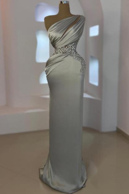 Silver One shoulder Mermaid Long Prom Dresses