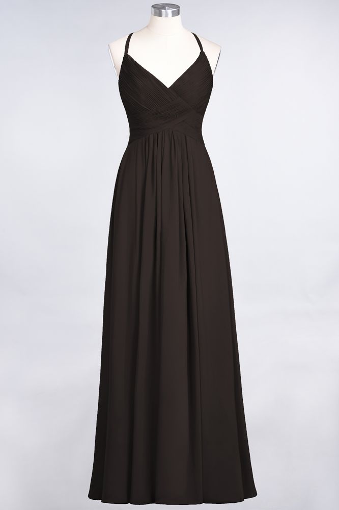 Chiffon A-Line Spaghetti-Straps V-Neck Sleeveless Long Bridesmaid Dress with Ruffles
