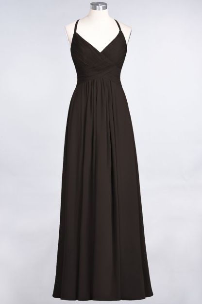 Chiffon A-Line Spaghetti-Straps V-Neck Sleeveless Long Bridesmaid Dress with Ruffles