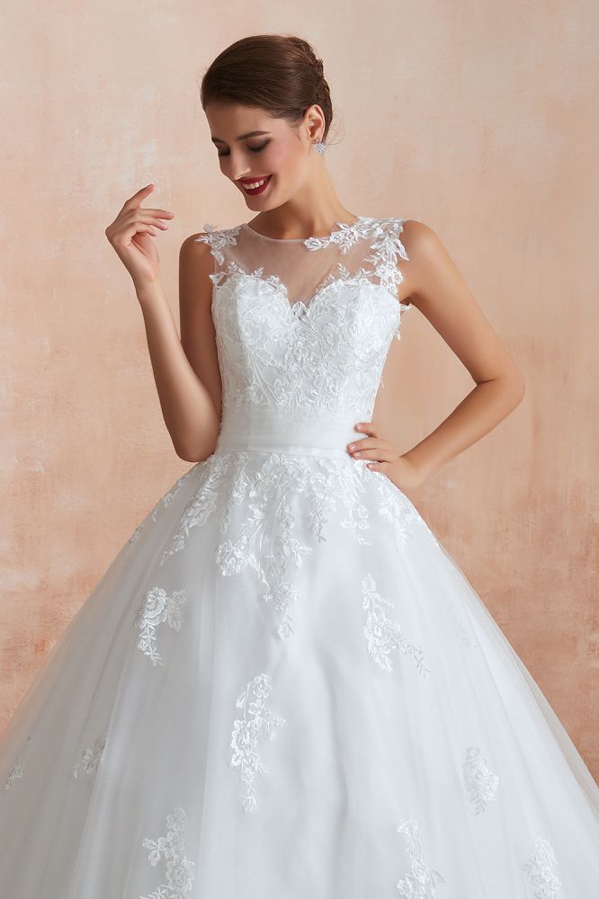 Cain | Illusion Neck White Wedding Dress with exqusite Lace Appliques, Sleeveless V-back Bridal Gowns Online-Babyonlinewholesale