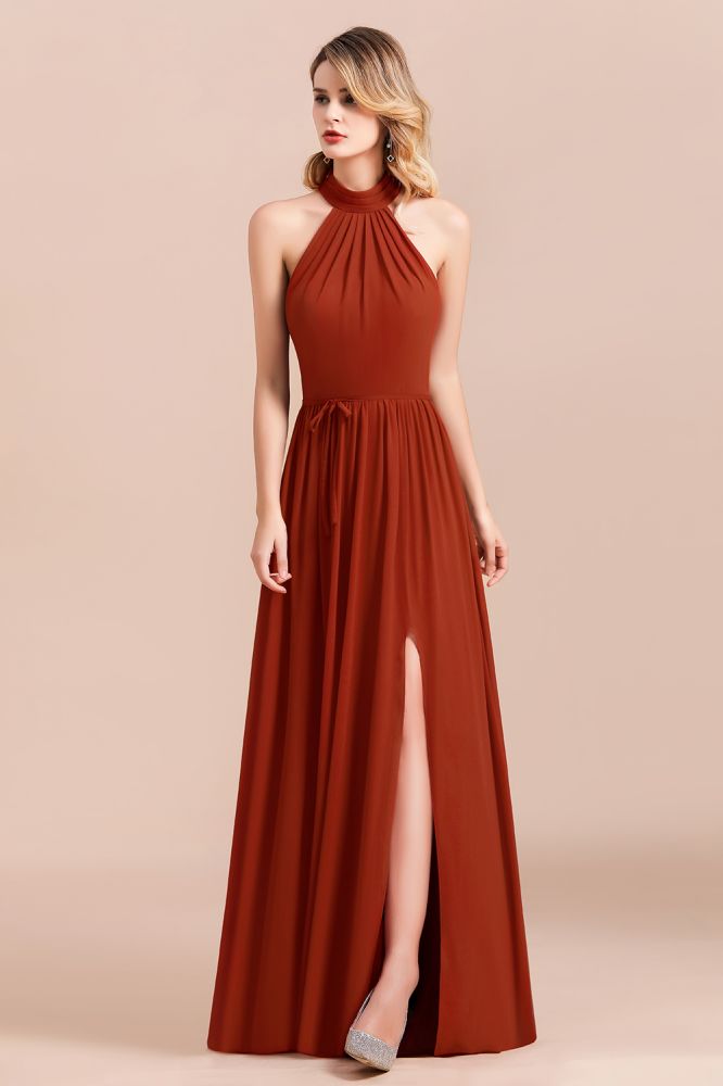 Halter Chiffon Bridesmaid Dress Sleeveless Formal Dress with Side Slit