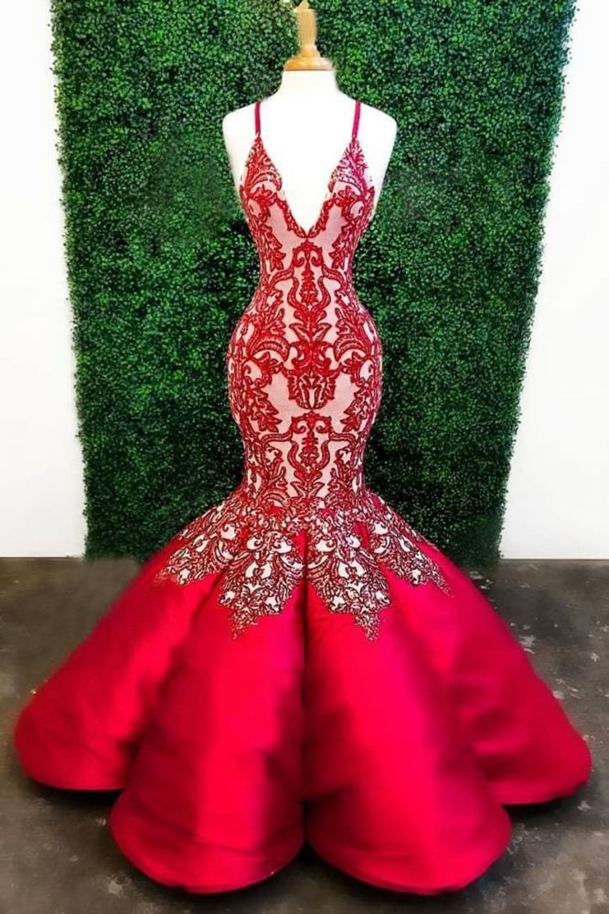 V-neck Straps Burgundy Mermaid Lace Prom Dresses
