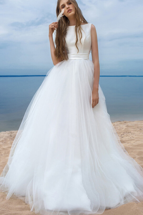 High neck Keyhole White A-line Tulle Bridal Gowns