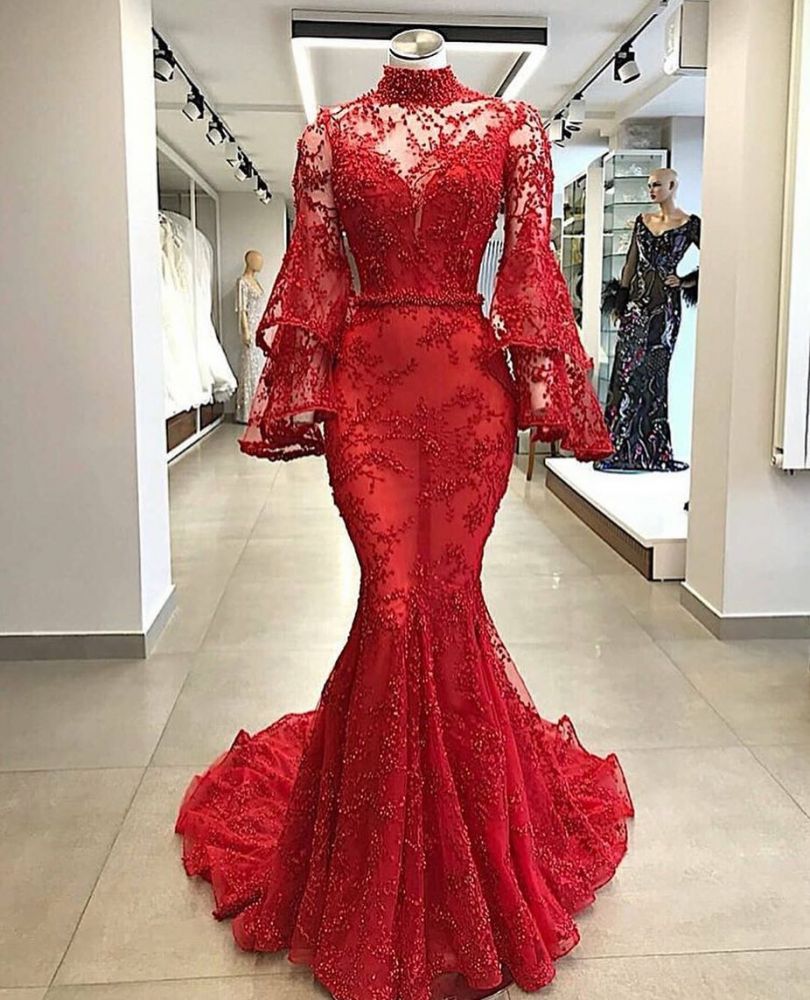 High Neck Long Sleeves Mermaid Beading Applique Chapel Train Prom Dress