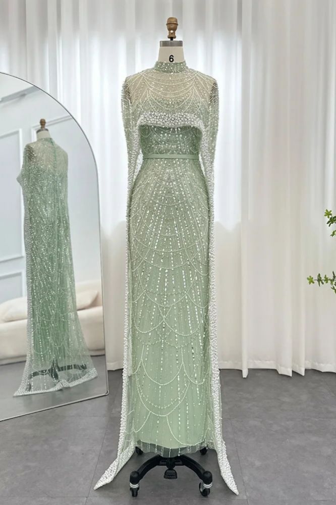 Glitter High Neck Beadings Mermaid Long Evening Dresses with Cape