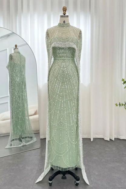 Glitter High Neck Beadings Mermaid Long Evening Dresses with Cape